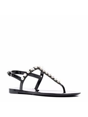 Stuart Weitzman Black T-Strap Jelly Sandals with Pearl Accents